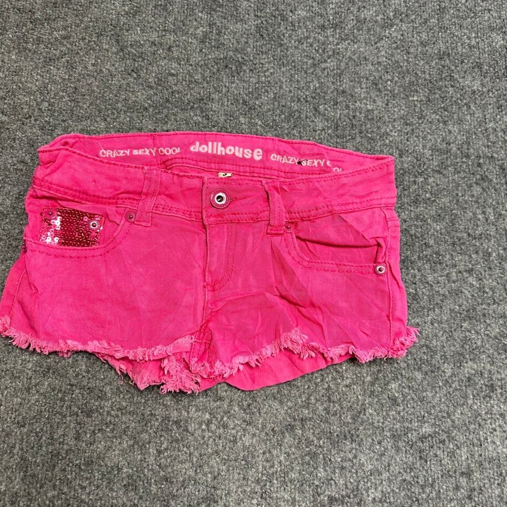 Dollhouse Shorts Womens Size 3 Pink Sequin Raw Hem Low Rise Denim Cutoffs